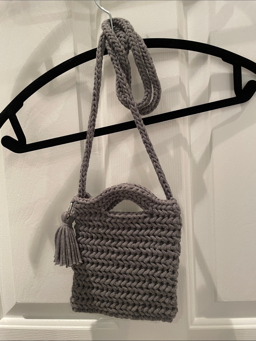 Hand Crocheted Herringbone Stitch Crossbody Bag in Grey with Tassel
